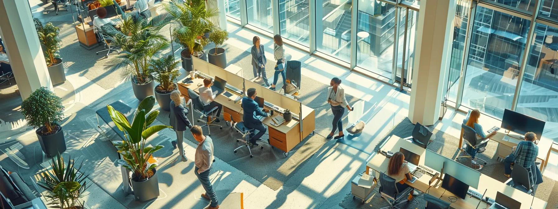 a dynamic office environment showcases a diverse team of professionals orchestrating various commercial cleaning services, featuring sleek modern equipment and vibrant uniforms that highlight the efficiency and specialization of each service.