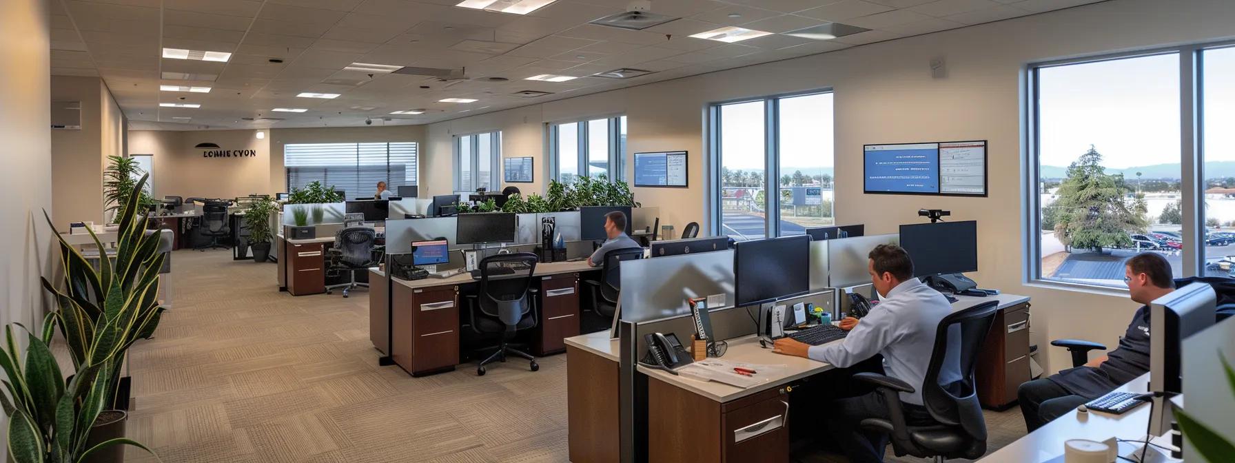 a modern office space showcases a pristine, organized environment with employees engaged in focused work, while a digital display prominently features metrics of productivity and satisfaction, highlighting the effectiveness of commercial cleaning services.