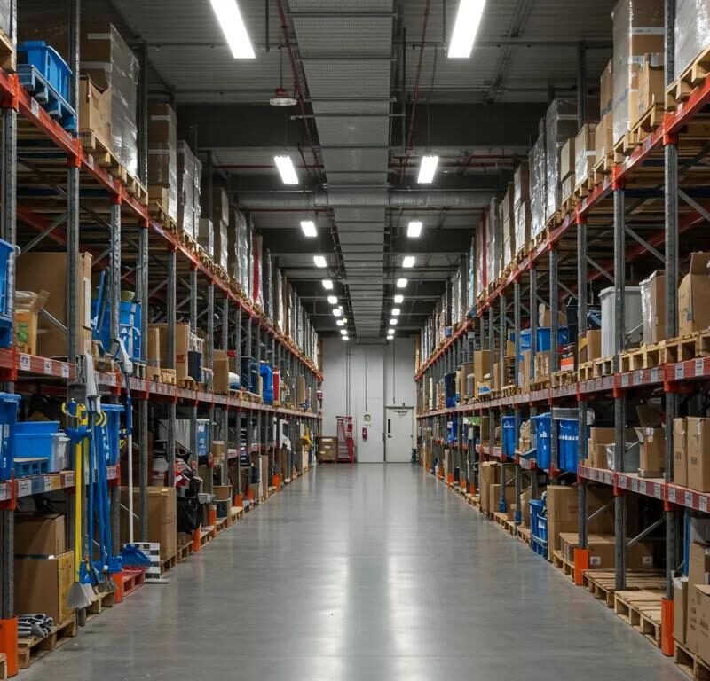 a meticulously organized warehouse gleams under bright fluorescent lights, showcasing pristine aisles and spotless shelving with cleaning equipment neatly arranged in the foreground, emphasizing the importance of best practices in commercial cleaning.